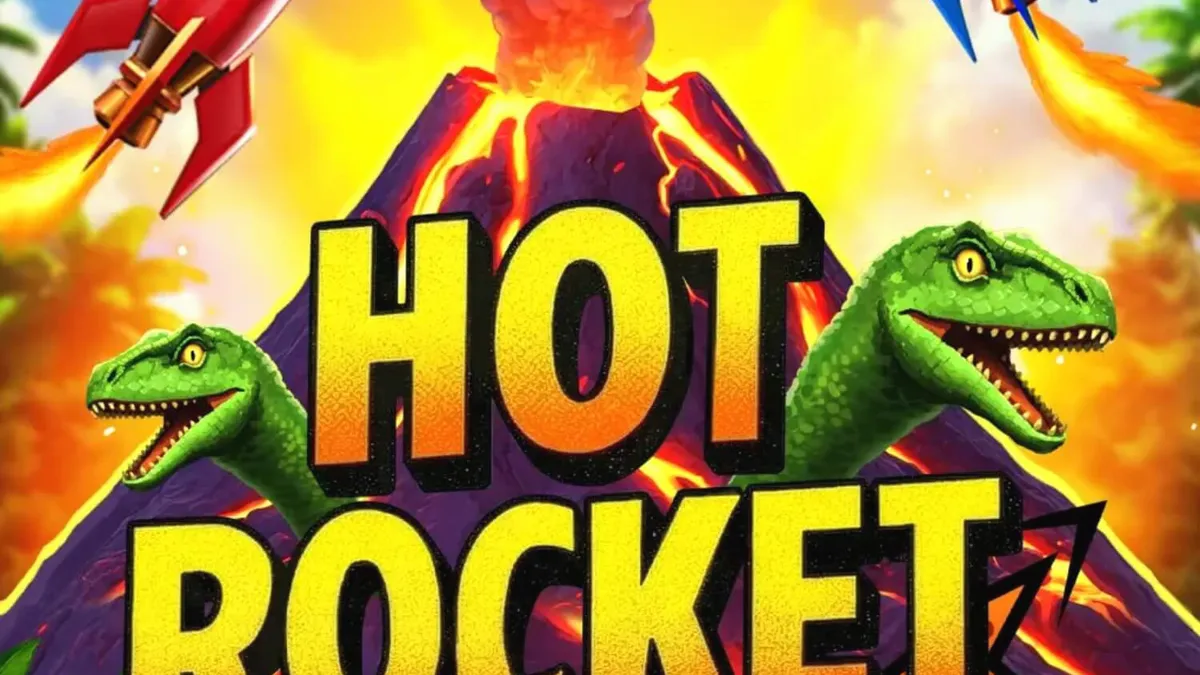 Hot Rocket 5x 3x 2x স্লট গেমের একটি দৃশ্য যেখানে আগ্নেয়গিরি এবং রকেট থিম দেখা যাচ্ছে